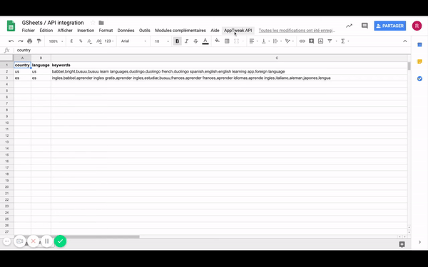 AppTweak ASO Intelligence API integrated with Google Sheets - ASO competitors